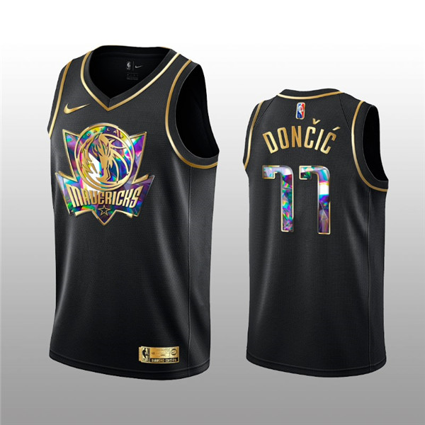 Men's Dallas Mavericks #77 Luka Doncic 2021/22 Black Golden Edition 75th Anniversary Diamond Logo Stitched Basketball Jersey